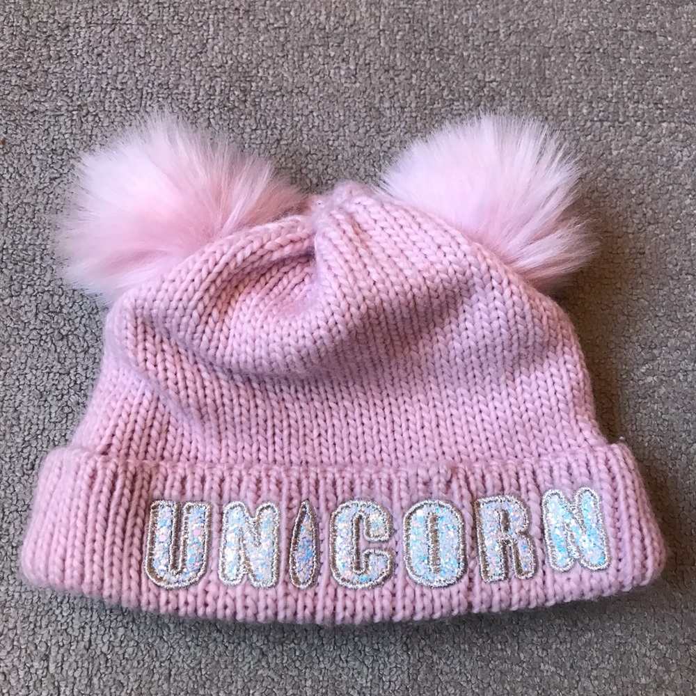 Little girl knit fleece Pom Pom winter hat size 4-7 years